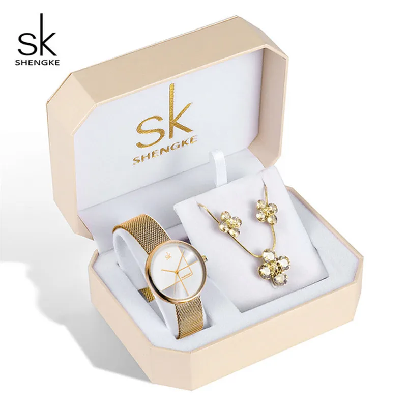 Shengke Brand 12 Styles Charm Women Jewelry Set Rose Gold Steel Quartz Watches Crystal Necklace Earring Set Ladies Fashion Gift