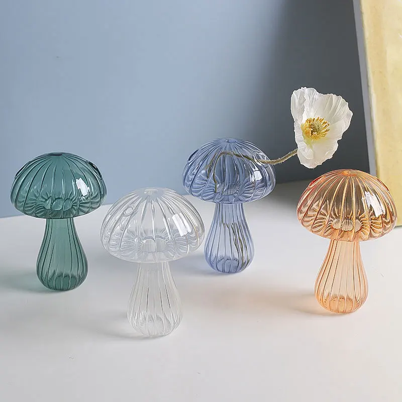 Wholesale Customized Nordic Spray Color Hand-blown Colored Delicate Mushroom Shape Glass Bud Vase with Dots and Holes