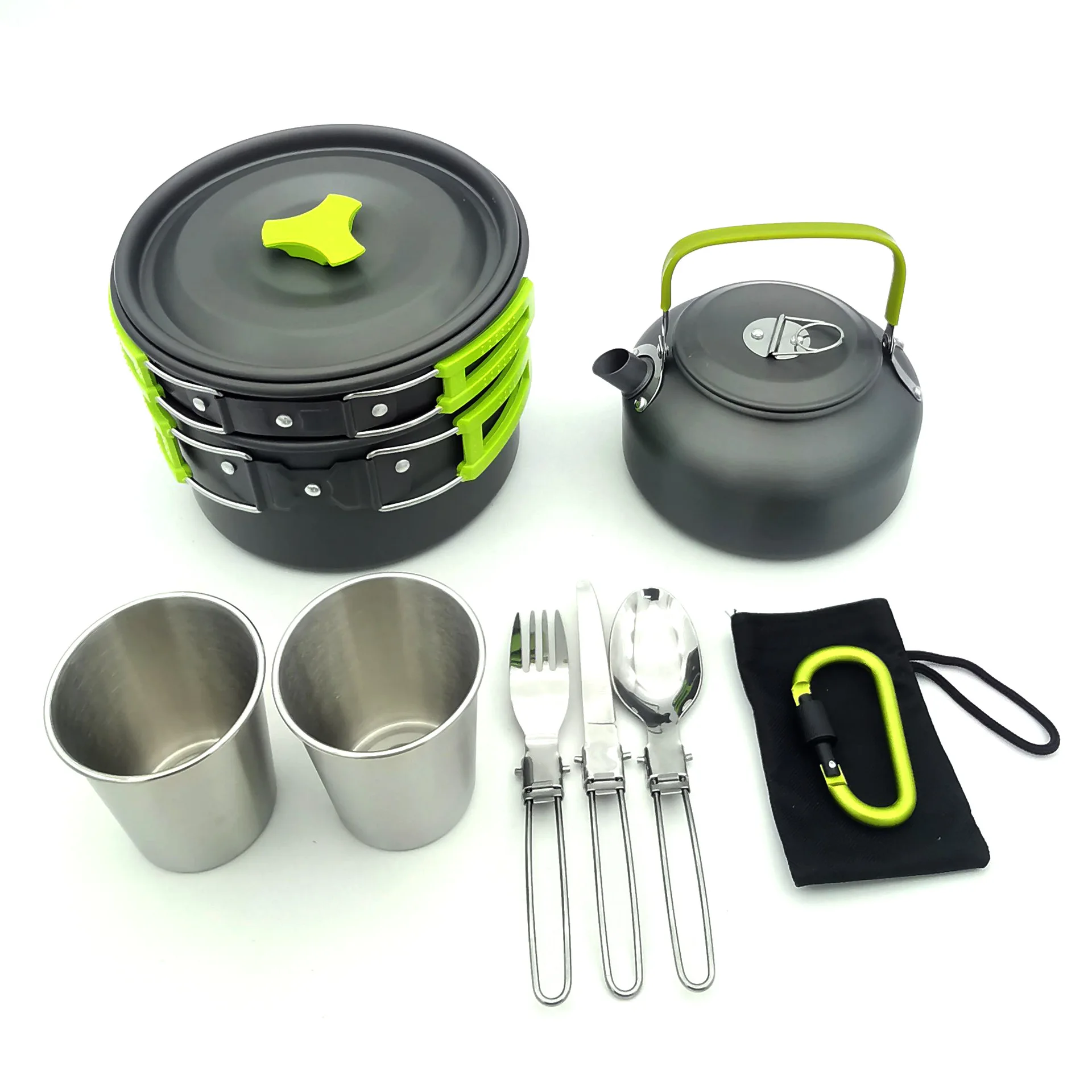 Outdoor Camping 2-3 People Cookware Mess Kit With Folding Stove Lightweight Pot Pan Kettle Set With Plates Forks Knives Spoons