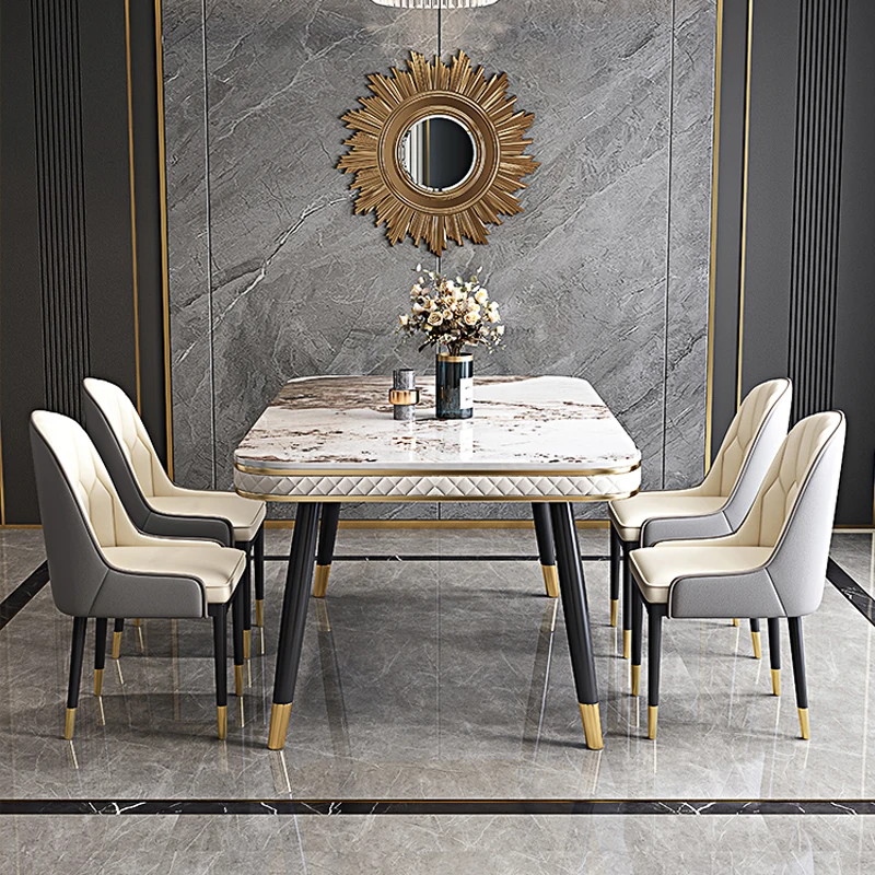 RYH Nordic Minimalist Metal Leg Dining Table With Marble Top Dining Room Furniture Dinner Table Set 4 6 Chairs