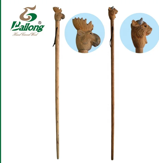 Outdoor wood carving animal wooden walking stick with display