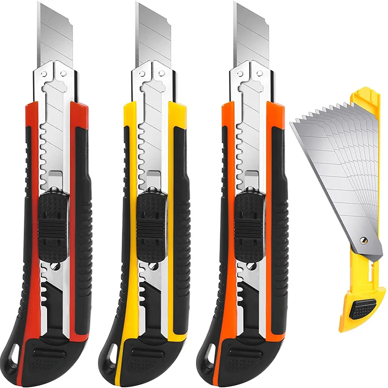 High Quality Rubber Handle 18mm Box Cutter 3 blades  Retractable Utility Knife