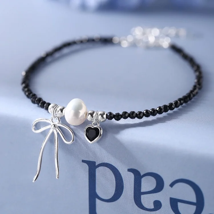 Dainty custom heart bow charm 925 sterling silver white gold plated natural black gem stone bracelets