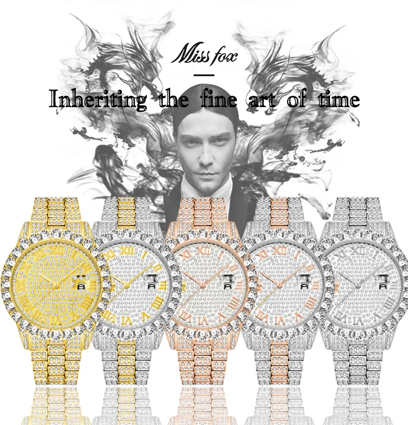 MISSFOX 2643 New  Watch For Men Luxury Full Diamond Silver Quartz Wristwatch Hip Hop Iced Out Waterproof Watches