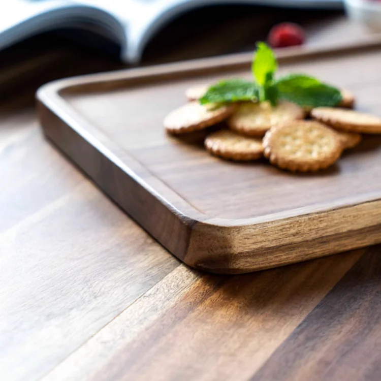 Wholesale Rectangle Wooden Dish and Plate For Serving Snack Appetizer Nuts Acacia Wood Tray Set