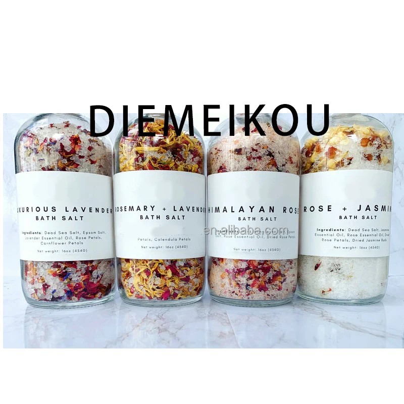 Private Label Herbal Bulk Large Bath Salts Himalayan Salt Lavender Jasmine Rose Bath Soak Bath Salts with Flowers