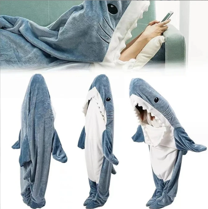2023 New Arrived Personalized Custom Soft Cozy Plush Fleece Hoodie Animal Cartoon Shark Wearable Blanket For Adult Kids