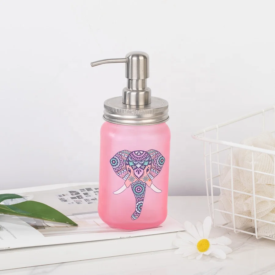 Refillable Household 16oz 25oz Square Round Pink Glass Soap Liquid Dispenser Jar With Stainless Steel Pump For Hand Washing