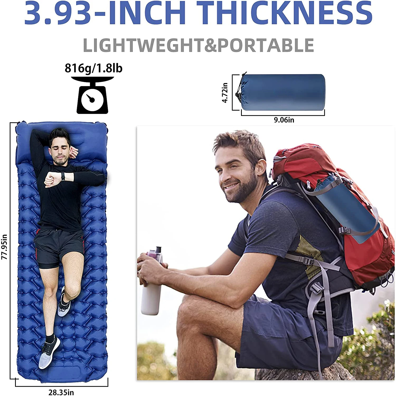 Outdoor Ultralight Sleeping Pad Built in Pump Camping Self Inflating Sleeping Mat with Air Pillow for Hiking Traveling