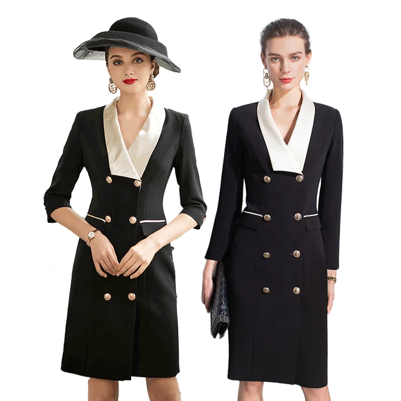 OEM High End Factory Elegant Dresses Women Evening Black Dress For Office Work Acetate Champagne Collar Golden Buttons