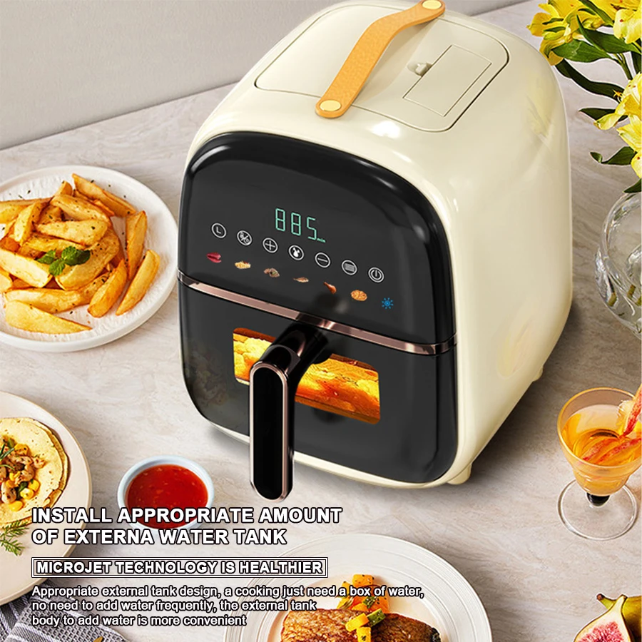 Oil Free 3D Spray Water Mist Led Display Touch Screen Digital Micro Jet Smart Air Fryers With Handle and Visible Window Basket