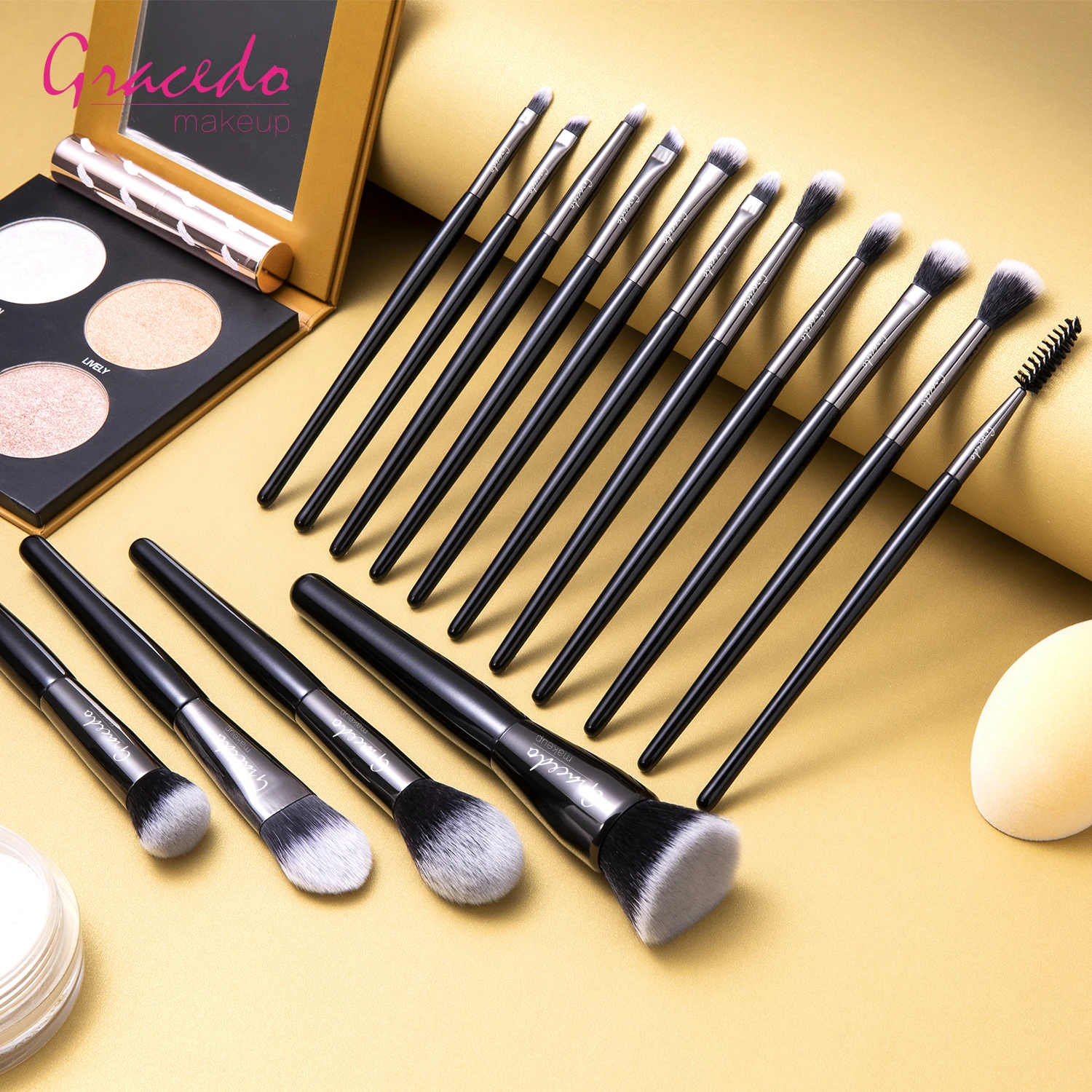 Gracedo makeup brush set high quality 15pcs black custom logo factory vegan private label custom wood makeup brush set cosmetic