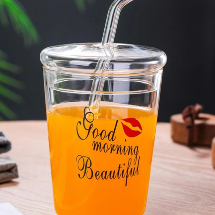 Promotion Heat-Resisting Strawberry Pattern Coffee Juice Drinking Water Glass Cup with Straw And Lid