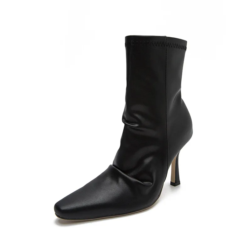 Versatile Black Leather Boots Women Pointed Toe Zip Long-lasting Martin Boots for Ladies