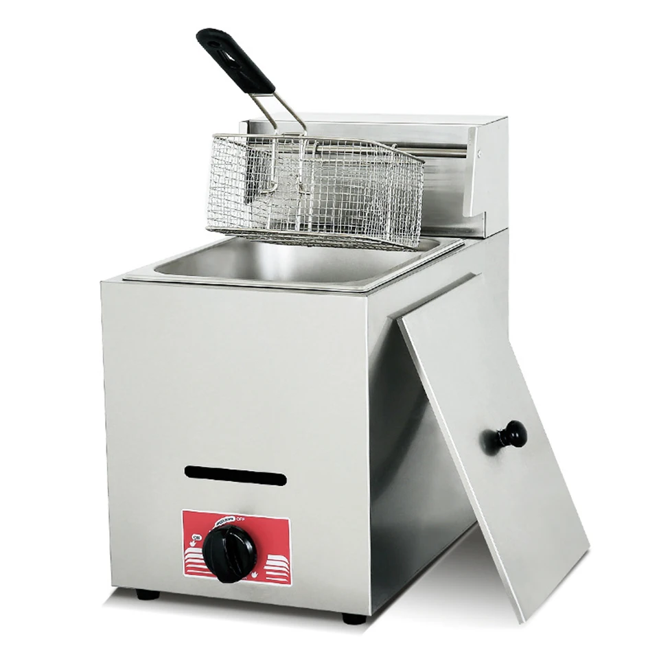 OT71 6L Single Tank Countertop Gas Deep Fryer with Drain,Solid Basket and Lid for Restaurant and Commercial Use