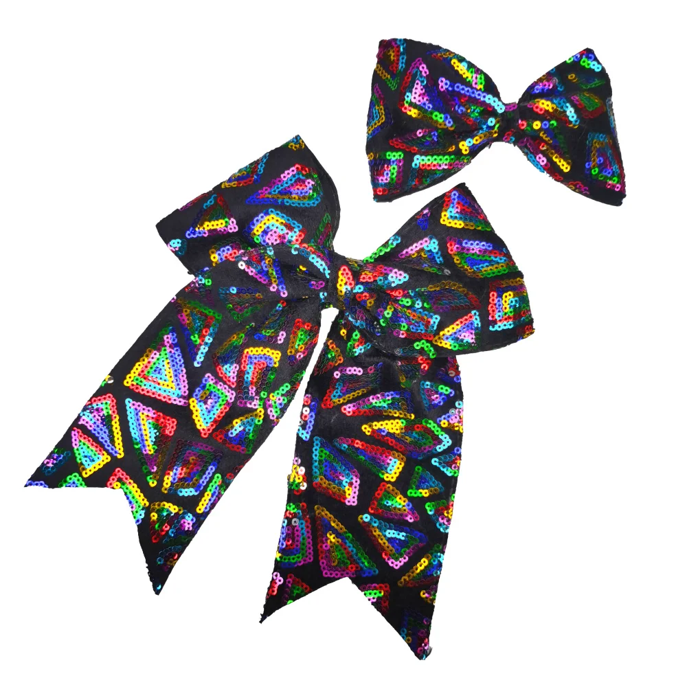 
8 inch Big wholesale newest cheer sequin ribbon bows with Ponytail Holder accpet custom size 