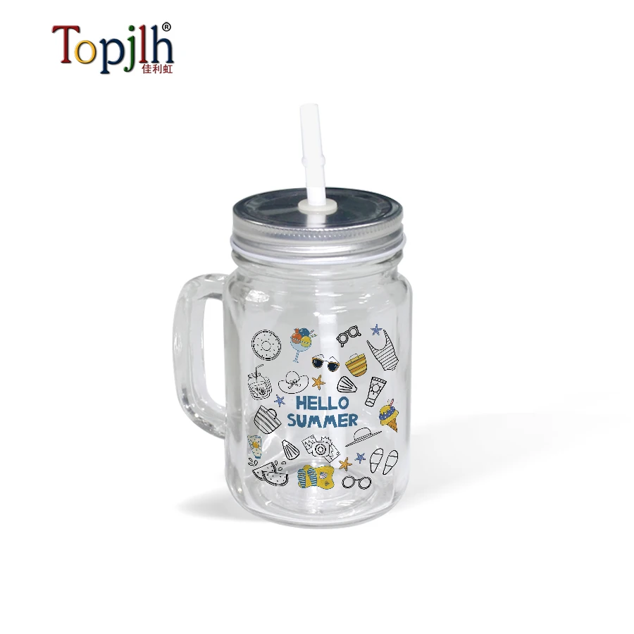 Factory wholesale 430ml smooth surface clear Glass Mason Jars transparent coated crystal mason glasses with hand grip straw lids