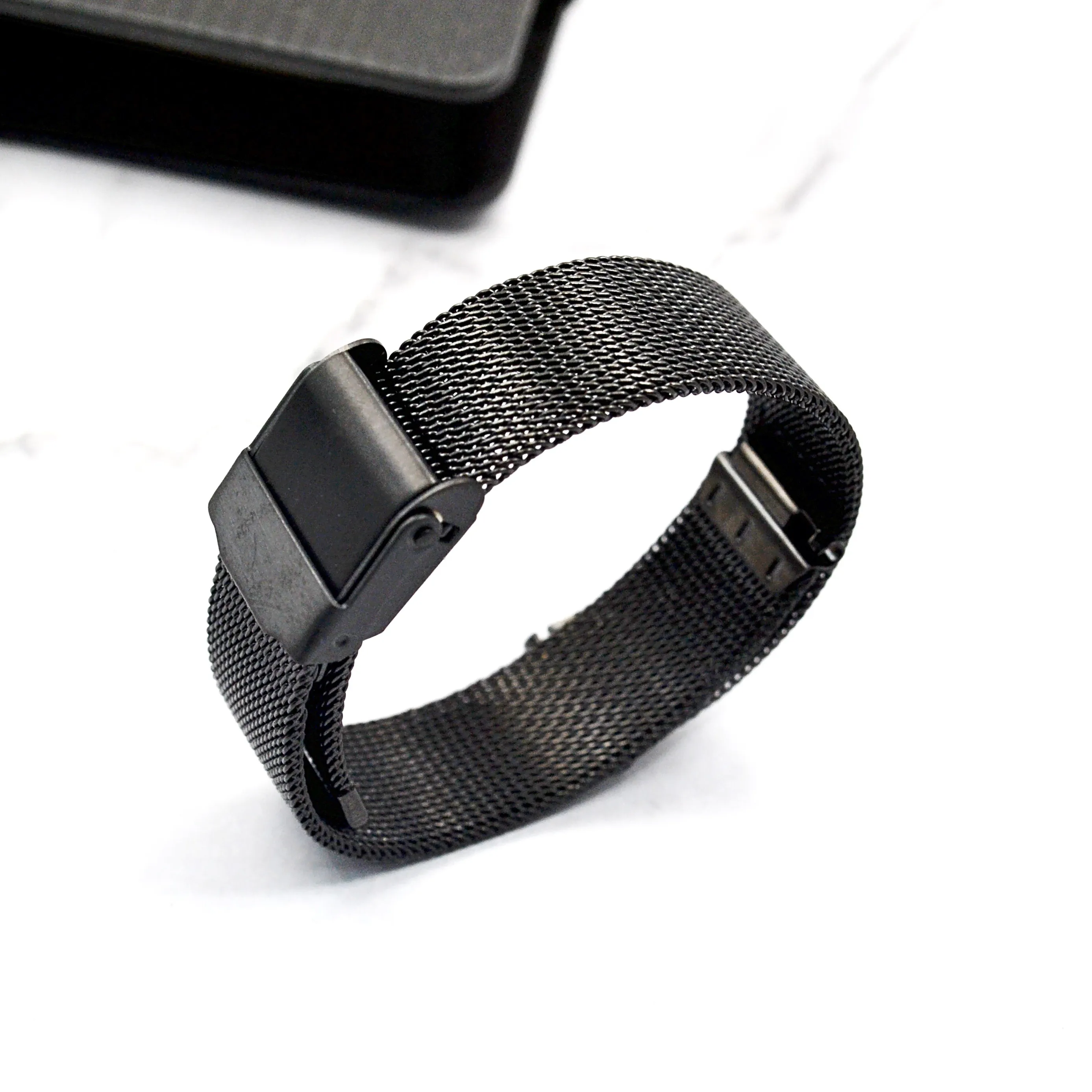 New  product 0.4mm wire black stainless steel mesh watch band with safty buckle for smart bracelet smart watch 14 - 22mm
