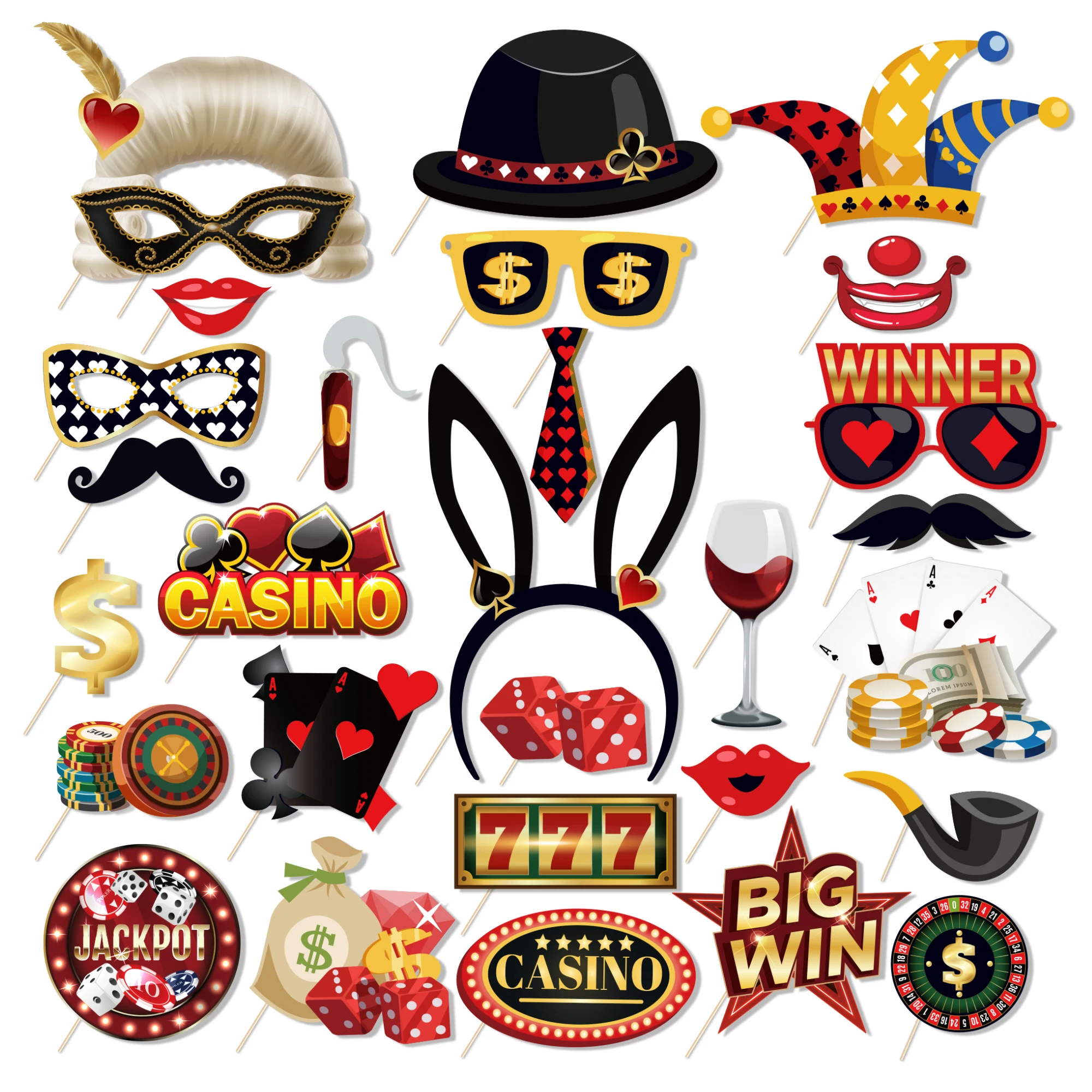 PZ271 CASINO Theme Party Supplies Poker Rabbit Ear Design 30pcs Paper Photo Props
