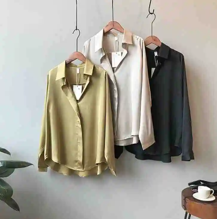 autumn new temperament satin shirt female long-sleeved shirt loose solid color shirt