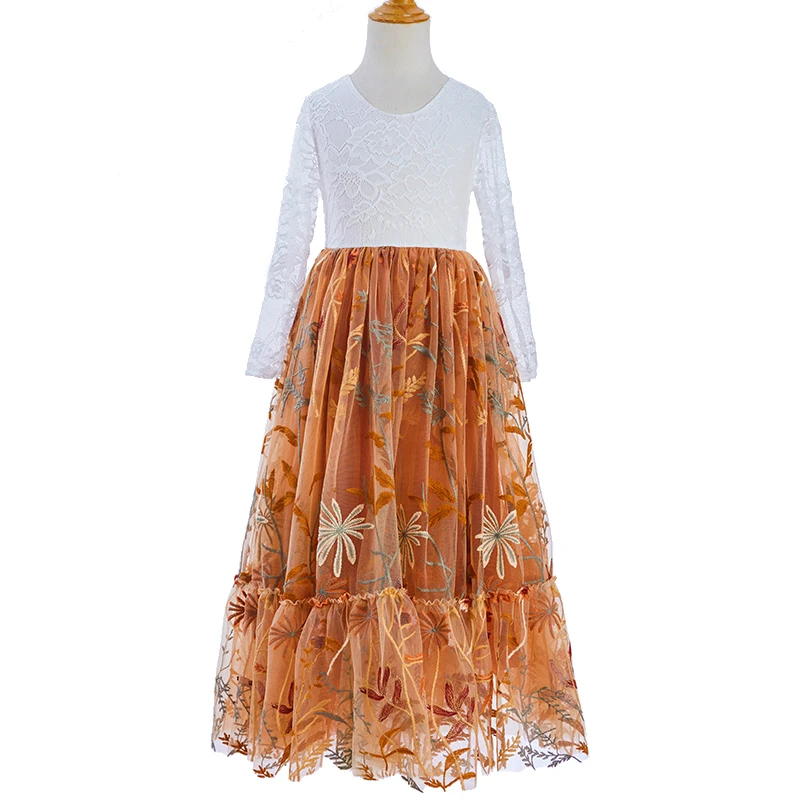 Flower Girls Burnt Orange Bridesmaid Wedding Birthday Party Dress Elegant Festival Prom Lace Tulle Clothes M3836