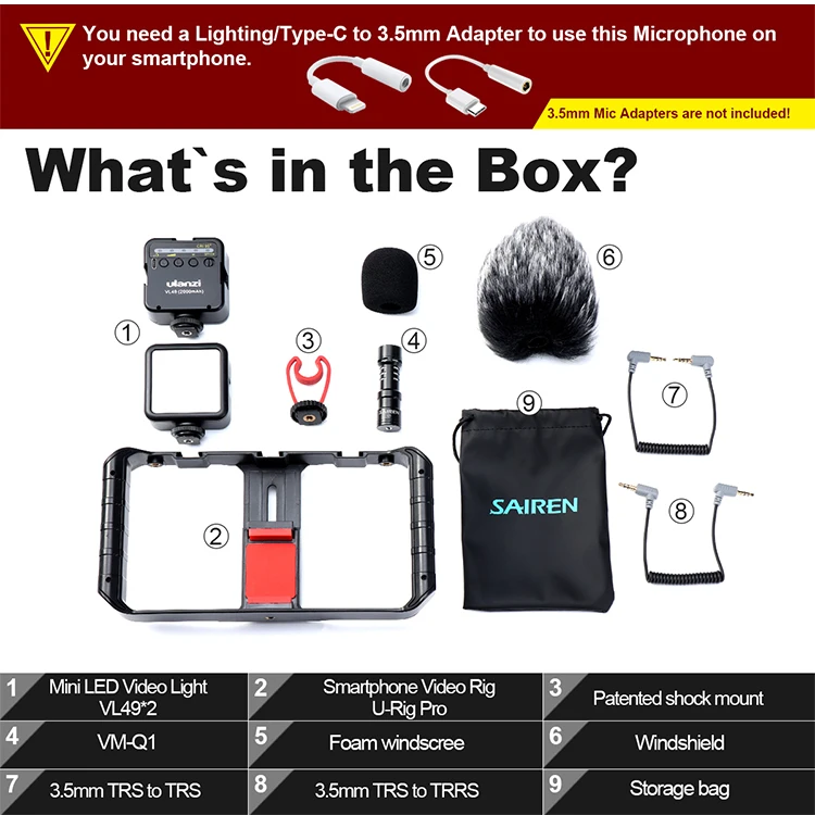 Ulanzi Smartphone Vlog Kit Accessories, Smartphone Video Rig+Mini Led Light+Sairen Microphone VM-Q1