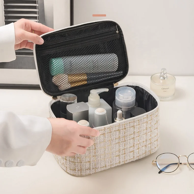 Travel Striped Makeup Bag Large Cosmetic Case Organizer Fits Bottles Vertically Top Layer Cosmetic Bag