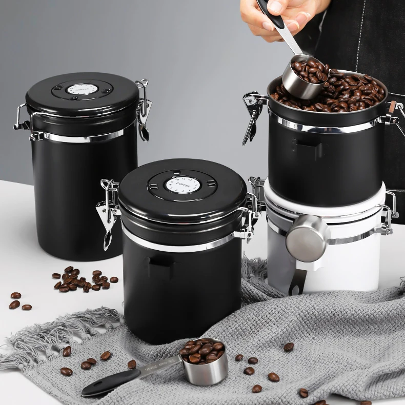 1L 1.4L 1.8L Black Coffee Storage Airtight Canister Stainless Steel Food Storage Container With Date Tracker
