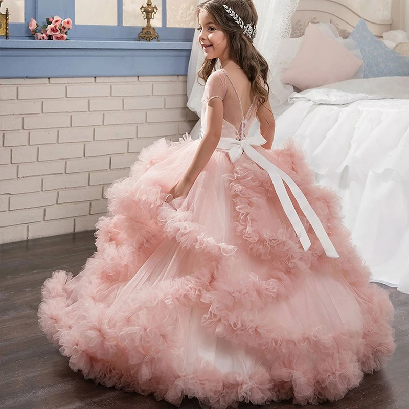 Custom Sleeveless Beautiful Ball Gown Party Wear Baby Girl Pink Princess Pageant dresses
