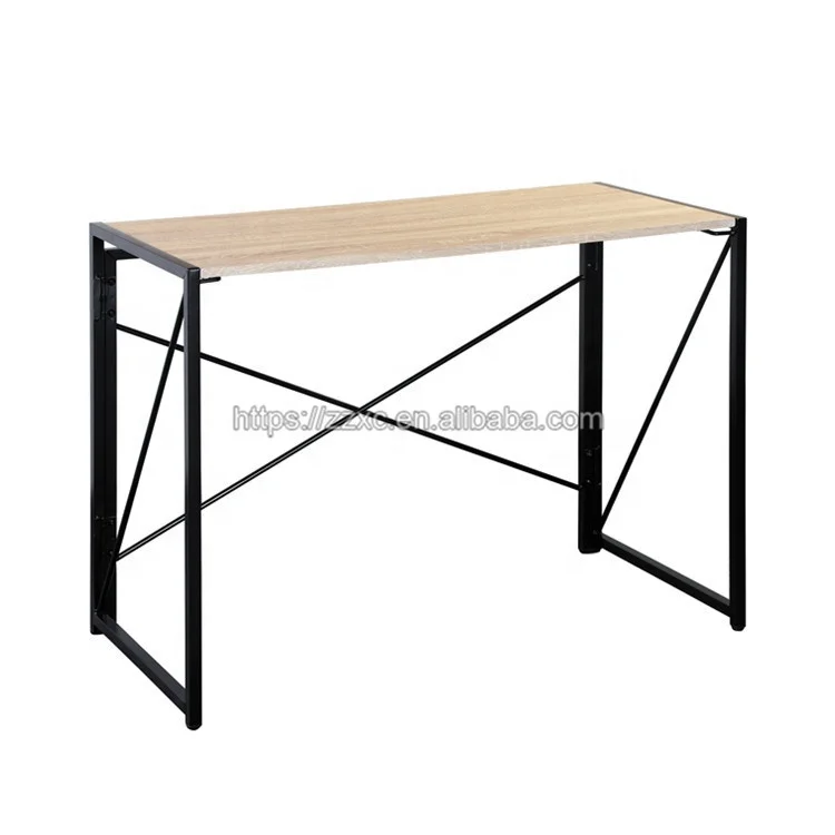 Compact Metal Folding Home Office Desk with Wooden Table Top