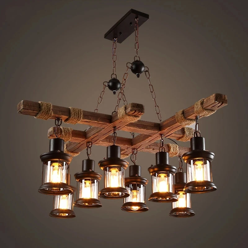 Nordic Loft Retro Bar Industrial Wind Pendant Lamp Solid Wood Chandeliers Personality Old Boat Wood Hanglamp Lighting Luminaire