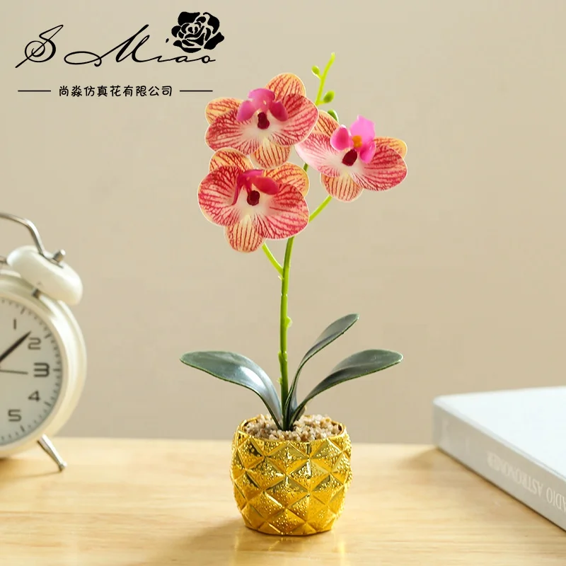 Wholesale artificial 3D printing phalaenopsis golden pot bonsai home decoration