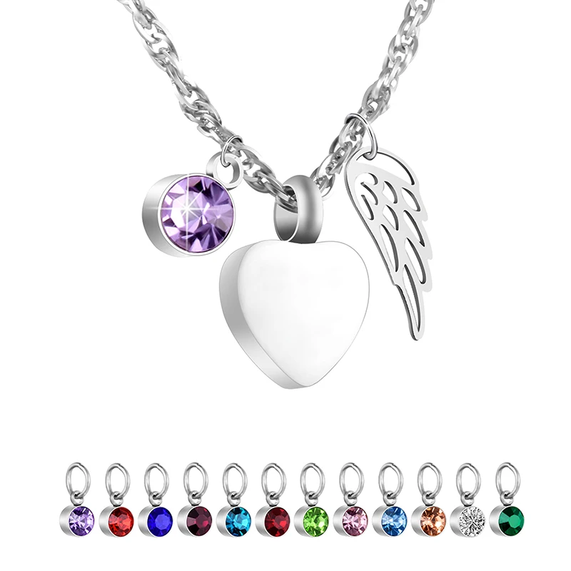 
Birthstone Angel Wing Cremation Jewelry Mini Heart Necklace Pendant 