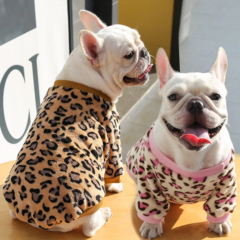 Wholesale Winter Plush Warm Leopard Print French Bulldog Dog Pajamas Clothes