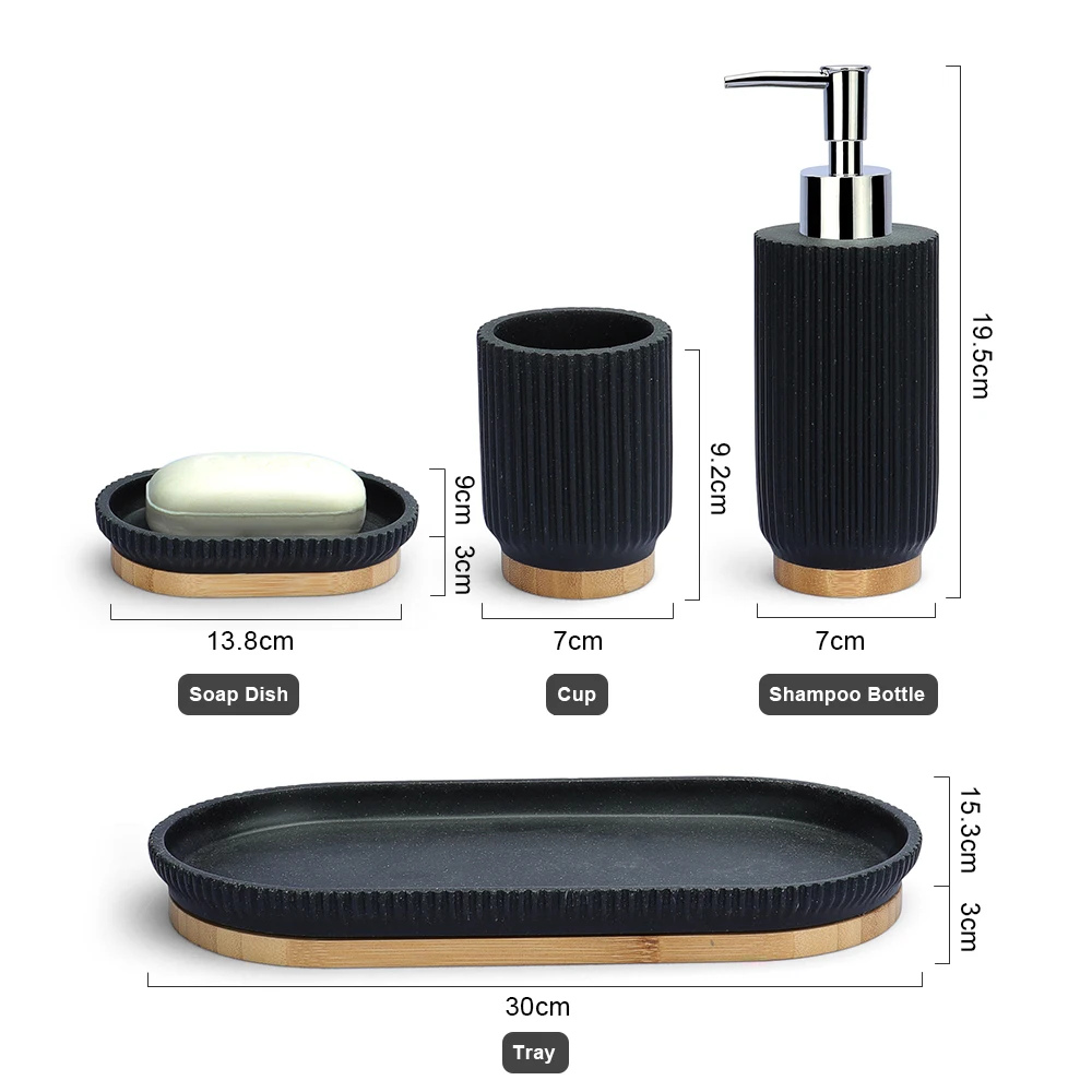 High Quality Washroom Bathroom Accessories Set Black and White 7 Pcs Pieces Bath Bathroom Toilet Set With Wood
