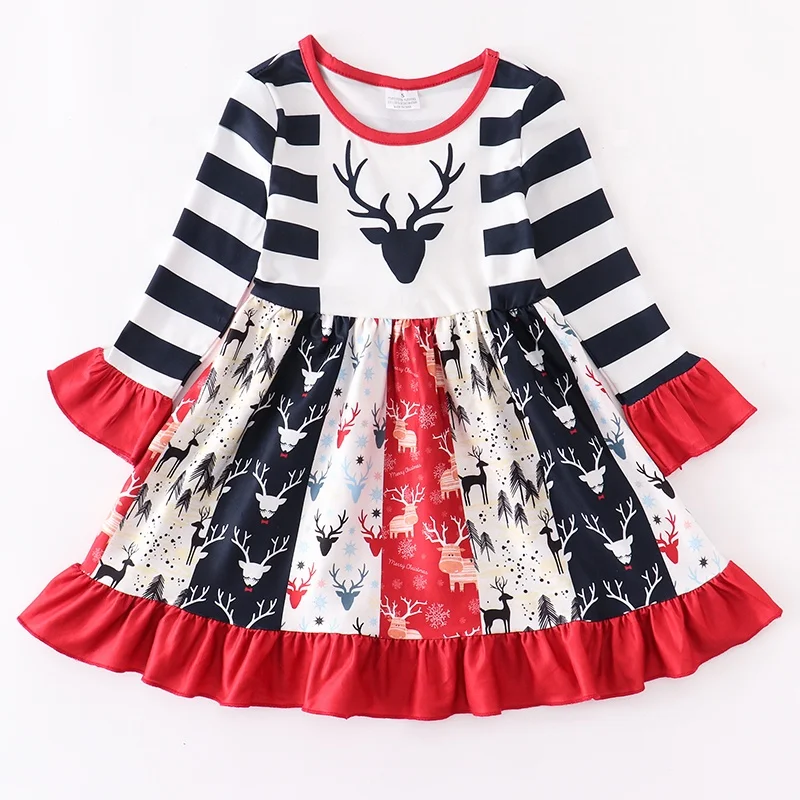 Girlymax 2022 Winter Christmas Reindeer boutique ruffle long sleeve exquisite embroidery Baby Girl Dresses