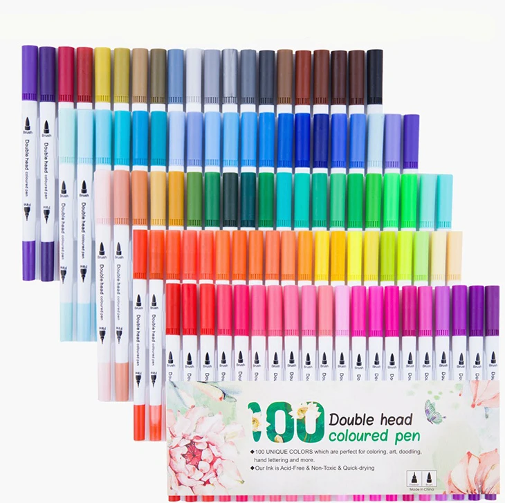 factory cheap dual tips design permanent waterproof fineliners marker pen set with two fine line broad felt tips