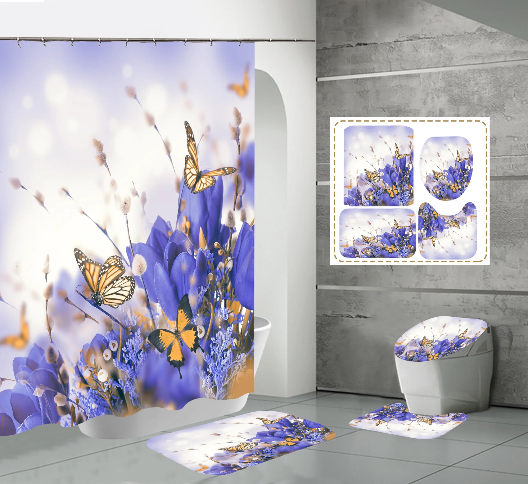Customizable High Quality Eco-Friendly Polyester Modern 4pcs Waterproof 3D Printed Butterfly Shower Curtain Set Bathroom Curtain