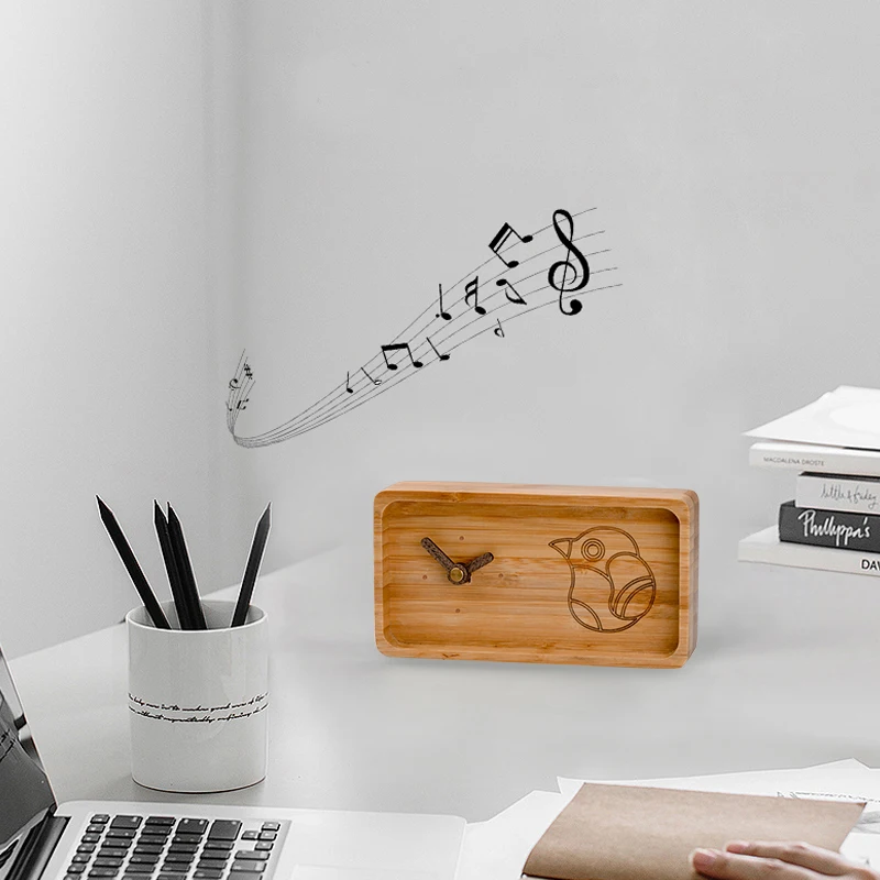 Custom Logo Digital Desktop Mini Rectangle Bamboo Bird Sound Analog Table Clocks