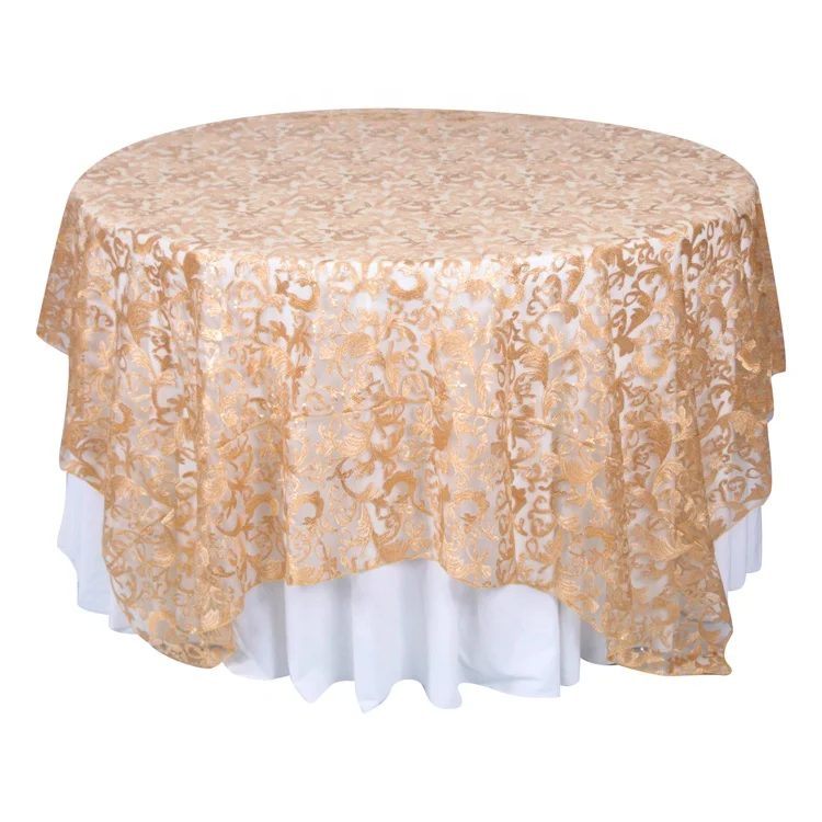 100% polyester embroidered golden sequin lace tablecloth overlay for wedding party