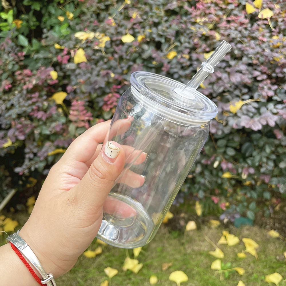 USA warehouse Unbreakable clear transparent cold drink beer mug 16oz plastic acrylic can with straw for UV DTF transfer
