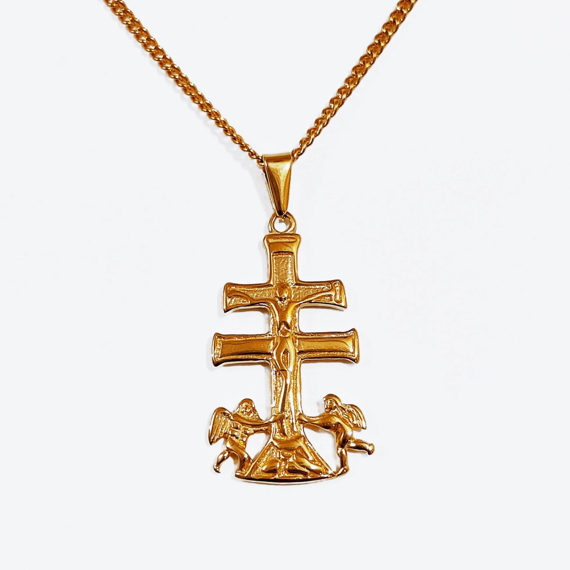 Винтажные 48 мм Каравака крест распятие Подвеска с Херувим Ангел из нержавеющей стали покрытой 18 к настоящим золотом набор религиозный ювелирные изделия
