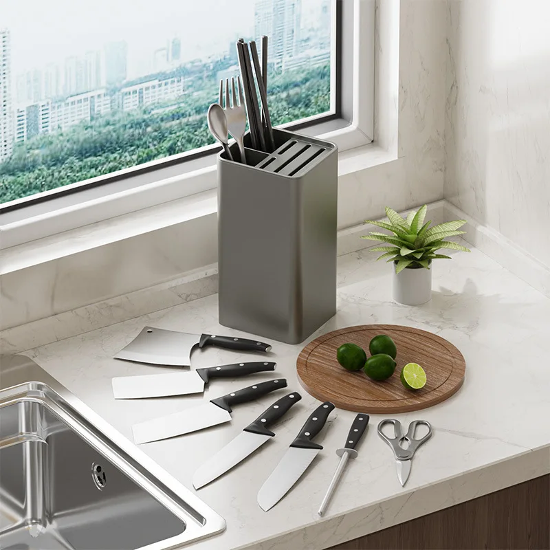 Multi-functional grey Kitchen Knife Organizer Countertop Space Saver Knife Storage Stand plastic knife block holder