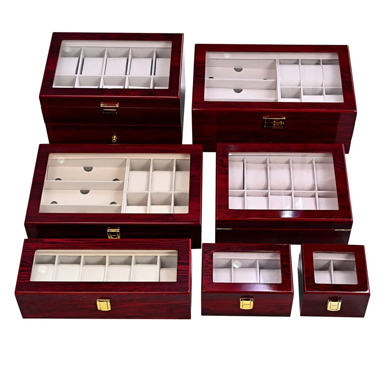 Wholesale glass display 2 3 6 10 12 20slots red black painted wooden wrist watch box