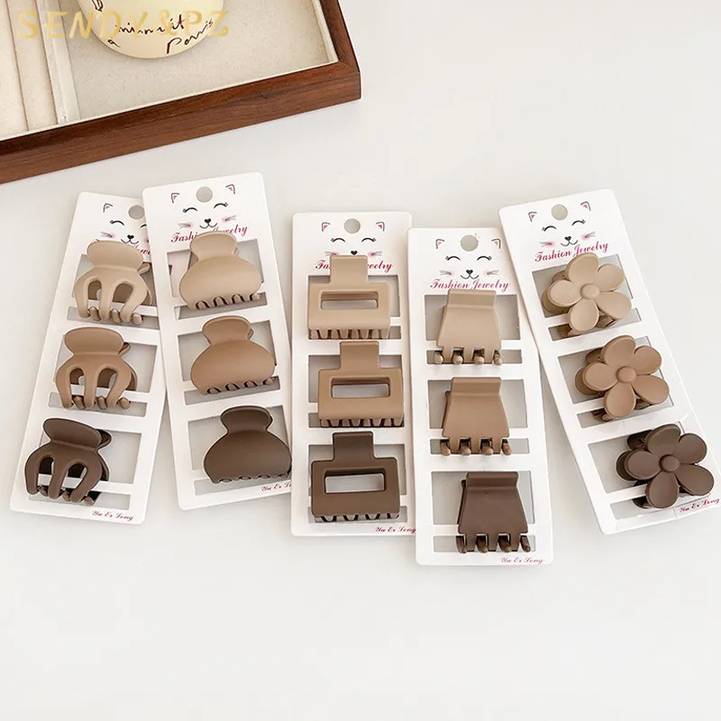Fashion Coffee Color Small Size 3Pcs/Set Matte Plastic Hair Claws Flowers Square Ponytail Hair Clips Wholesale