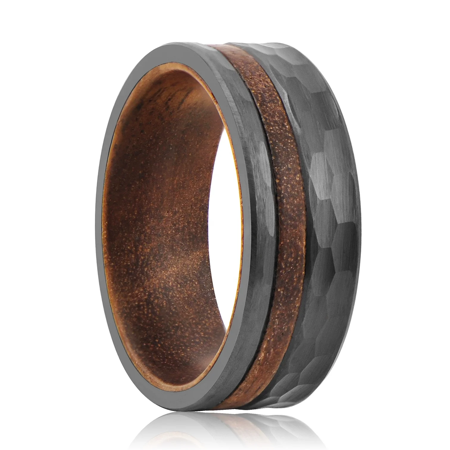 Hammered Black Tungsten Wedding Ring Wooden Jewelry