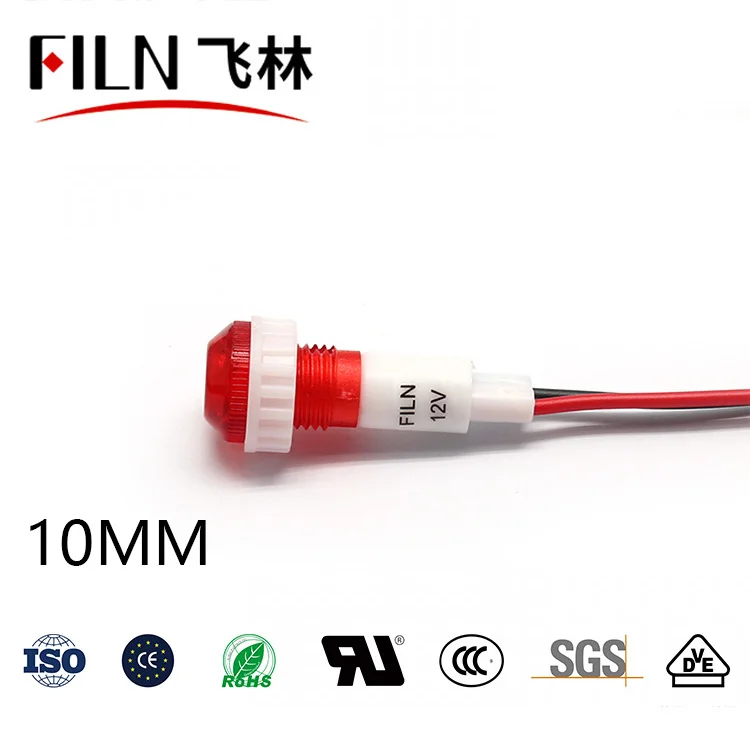 FILN hot sale 10mm plastic signal lamp 12VDC red yellow green kitchen equipment indicator lights