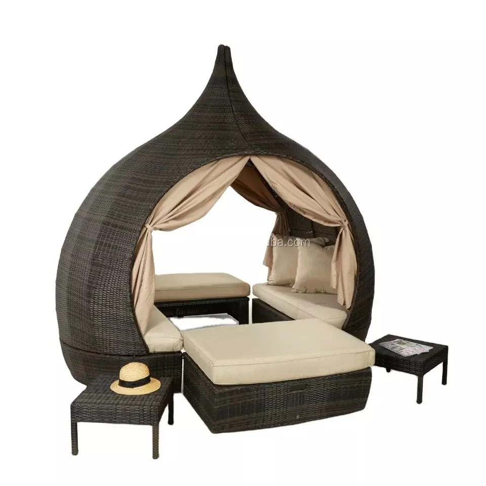 Hot Sale Rattan Wicker Outdoor Round Sunbed Sofa With Canopy air lounger