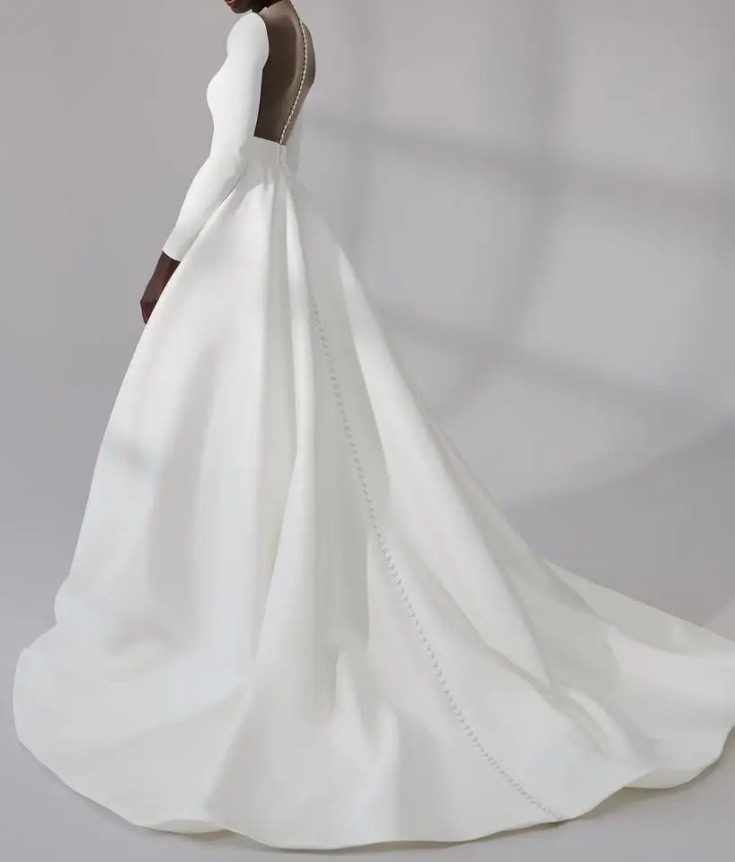 Plus Size Wedding Dress Long Sleeve Ball Gown Simple Custom Wedding Dress Elegant Illusion Back With Long Tail Wedding Dress