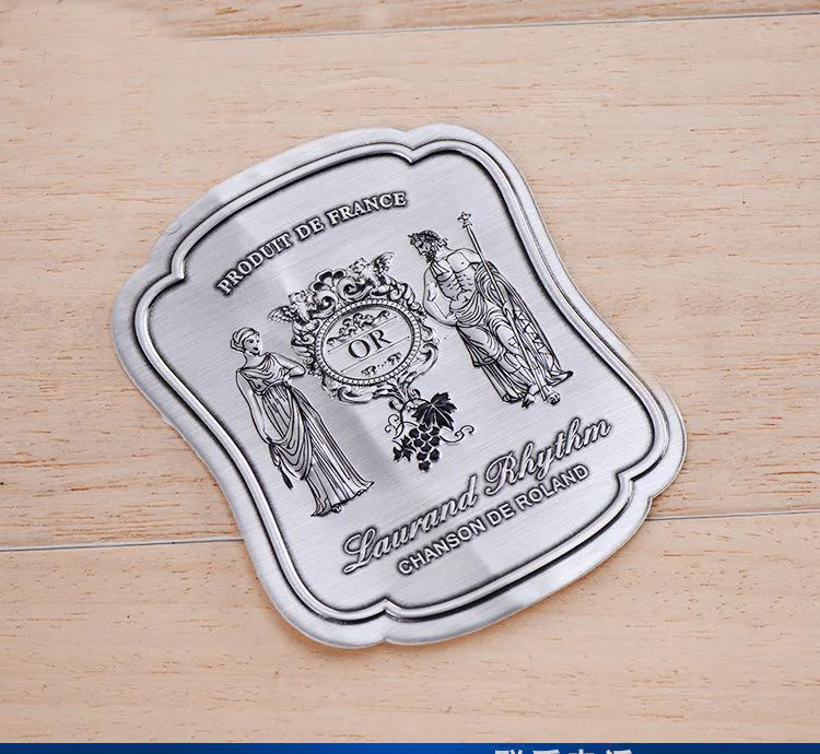 Custom 3D Metal stamping Die Cut Aluminium metal wine bottle sticker Logo with strong adhesives